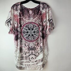 Lavish Women's Bohemian 1X White Purple Black Floral Tunic Top Pullover Cinch